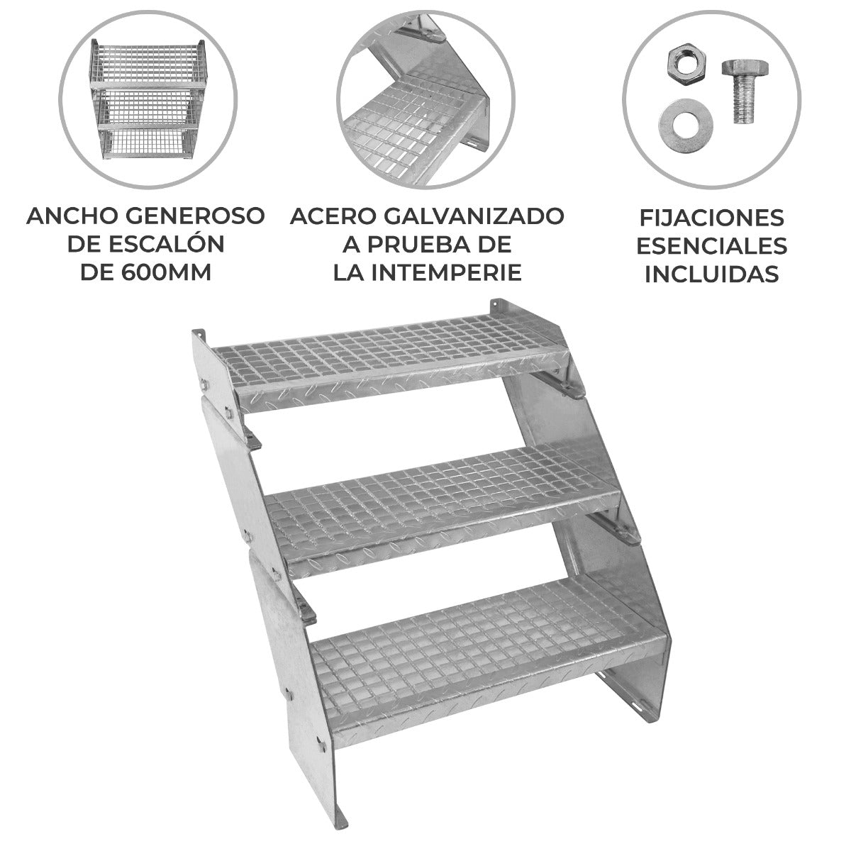 Escalera Galvanizada Ajustable de 3 Escalones– 600mm de Ancho