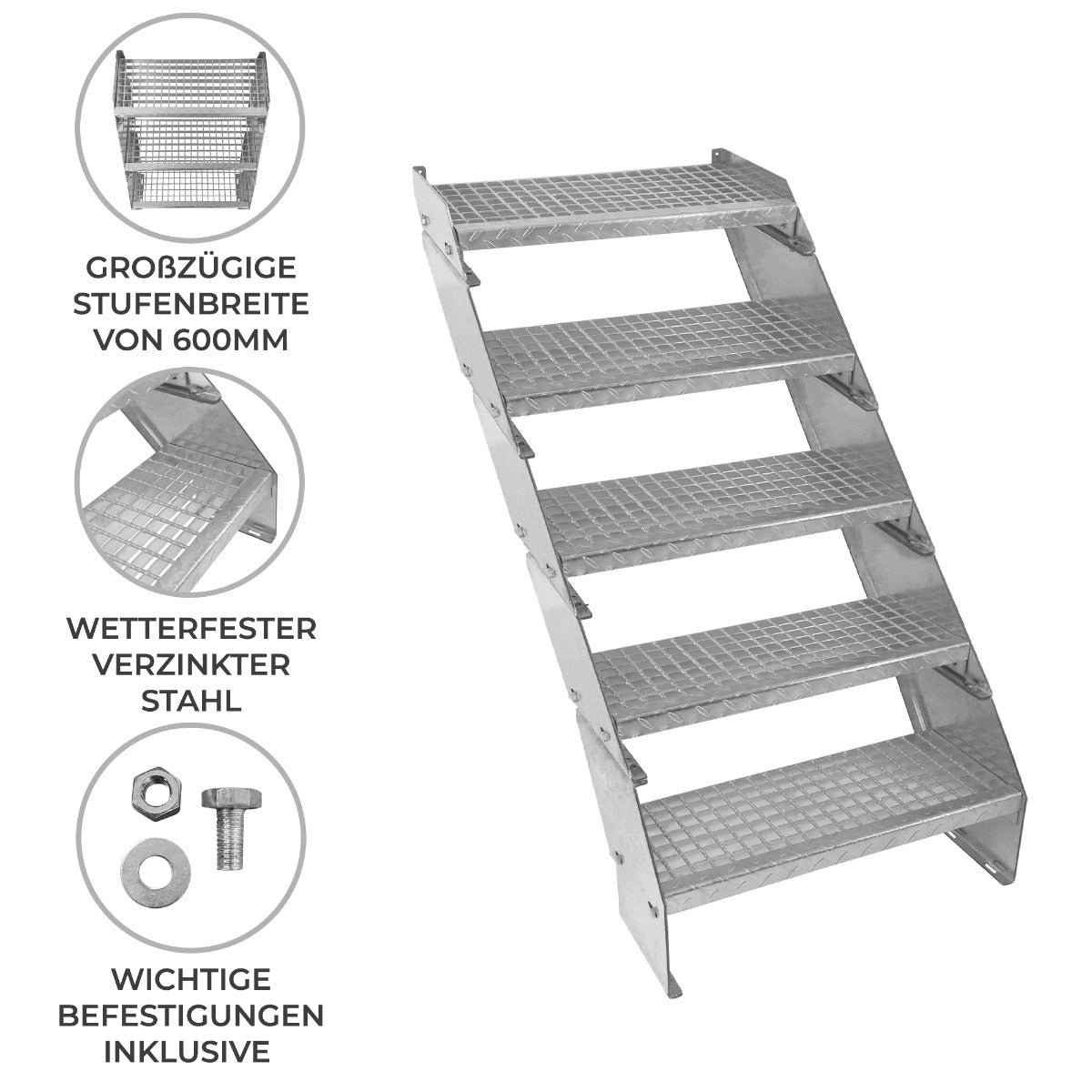 Escalera Galvanizada Ajustable de 5 Escalones– 600mm de Ancho