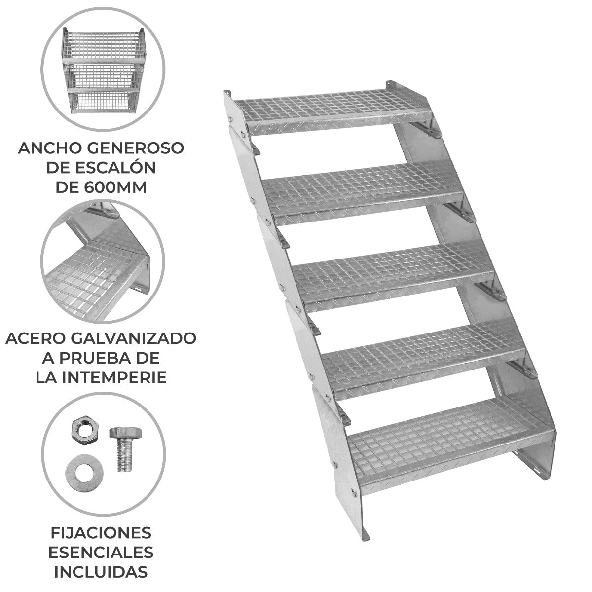 Escalera Galvanizada Ajustable de 5 Escalones– 600mm de Ancho
