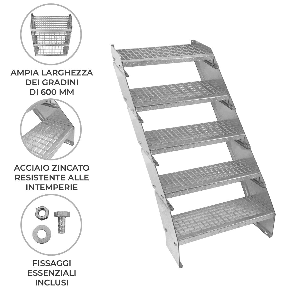 Escalera Galvanizada Ajustable de 5 Escalones– 600mm de Ancho