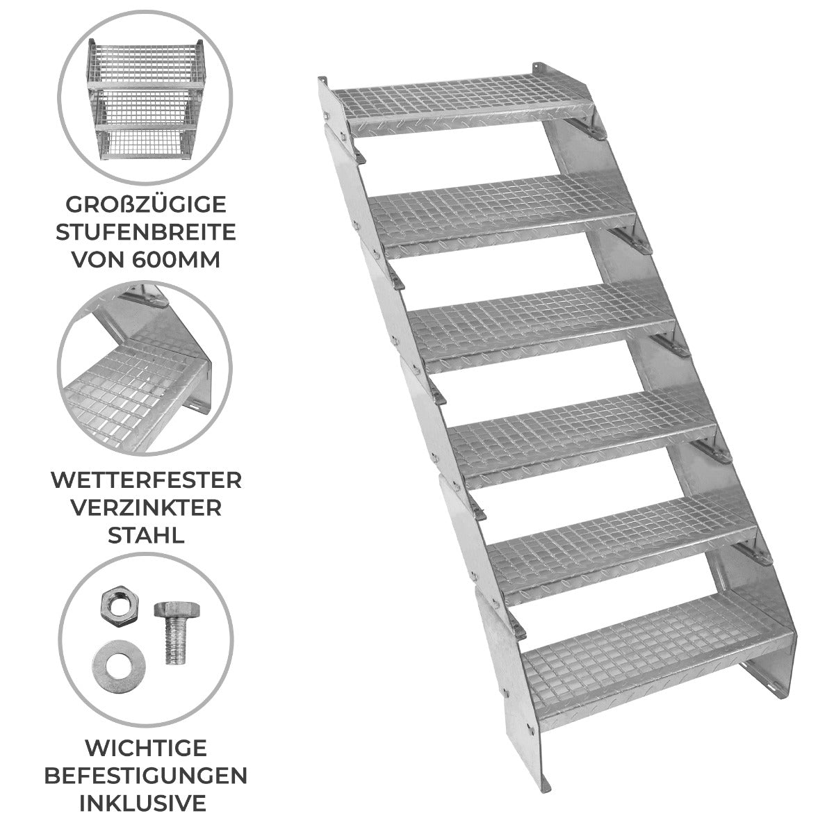 Escalera Galvanizada Ajustable de 6 Escalones– 600mm de Ancho