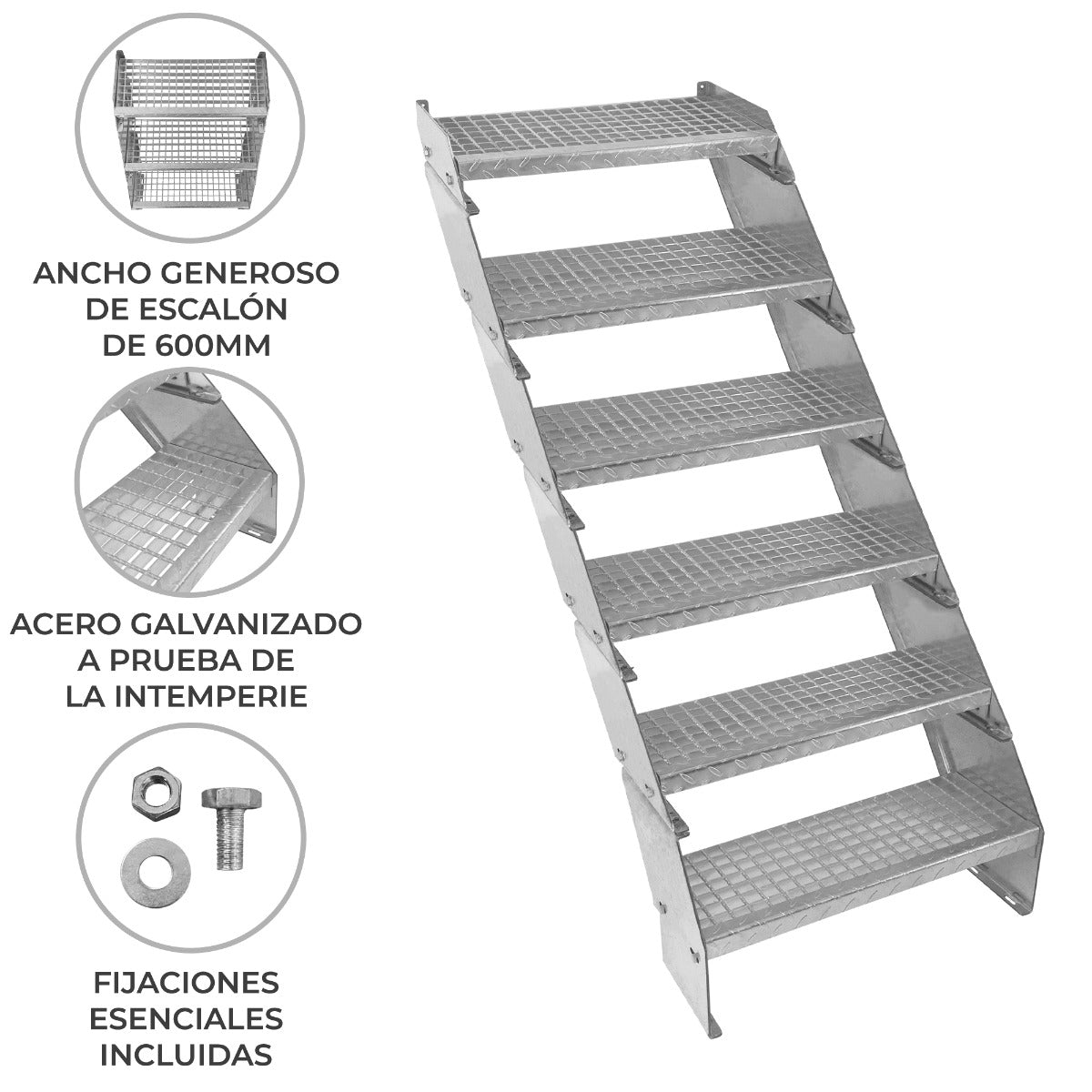 Escalera Galvanizada Ajustable de 6 Escalones– 600mm de Ancho
