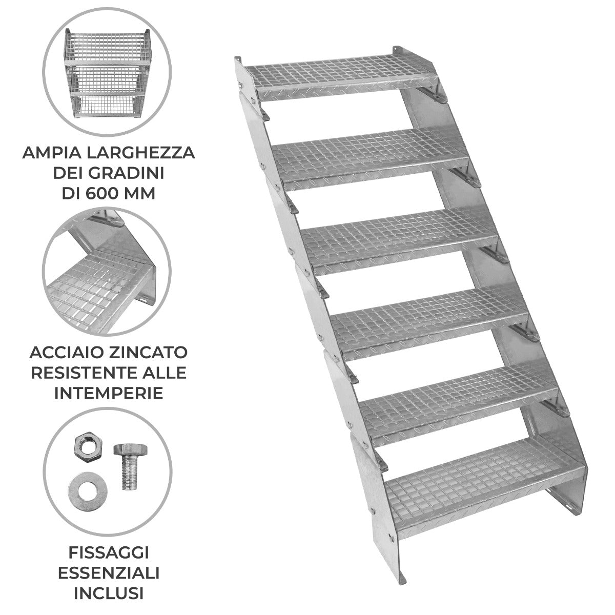Escalera Galvanizada Ajustable de 6 Escalones– 600mm de Ancho