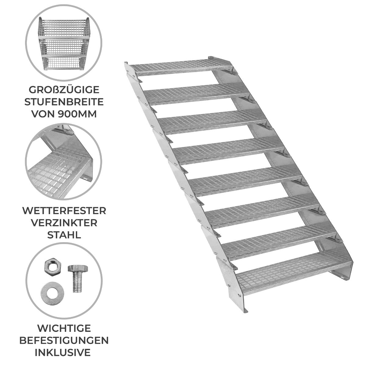 Escalera Galvanizada Ajustable de 8 Escalones – 900mm de Ancho