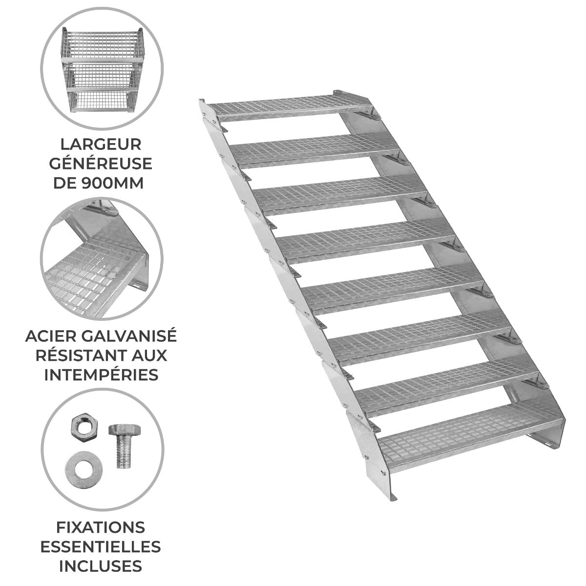 Escalera Galvanizada Ajustable de 8 Escalones – 900mm de Ancho