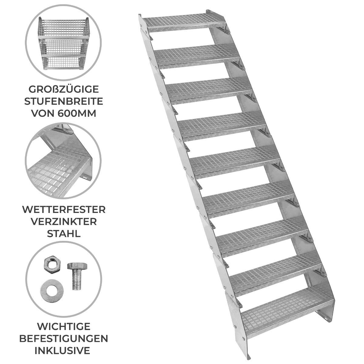 Escalera Galvanizada Ajustable de 9 Escalones – 600mm de Ancho