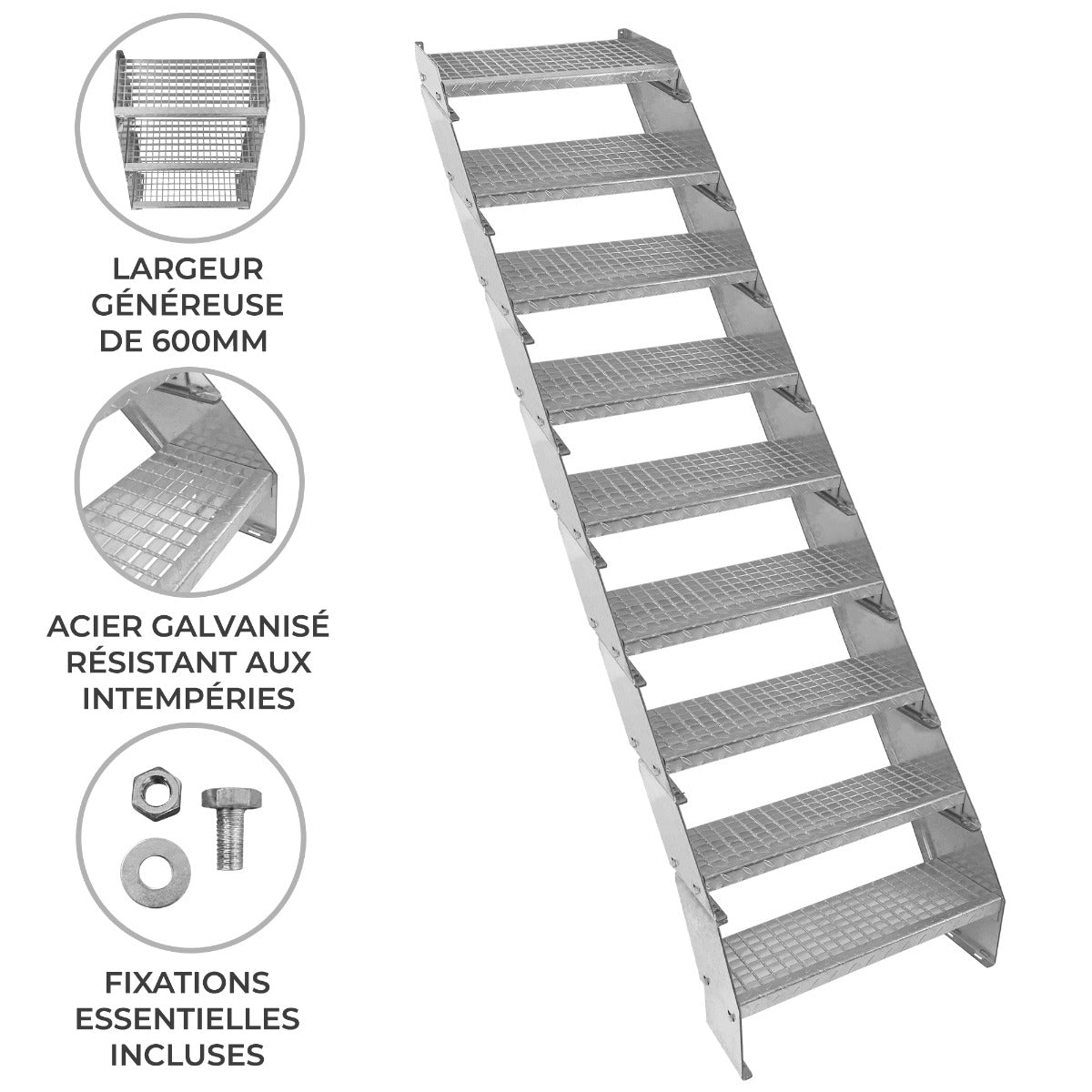 Escalera Galvanizada Ajustable de 9 Escalones – 600mm de Ancho