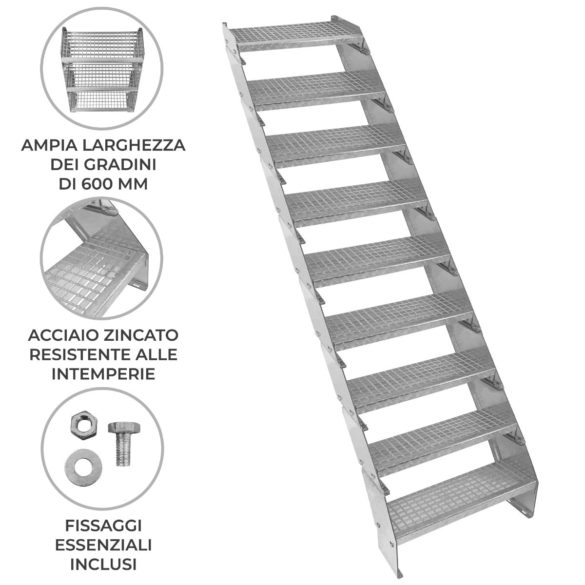 Escalera Galvanizada Ajustable de 9 Escalones – 600mm de Ancho