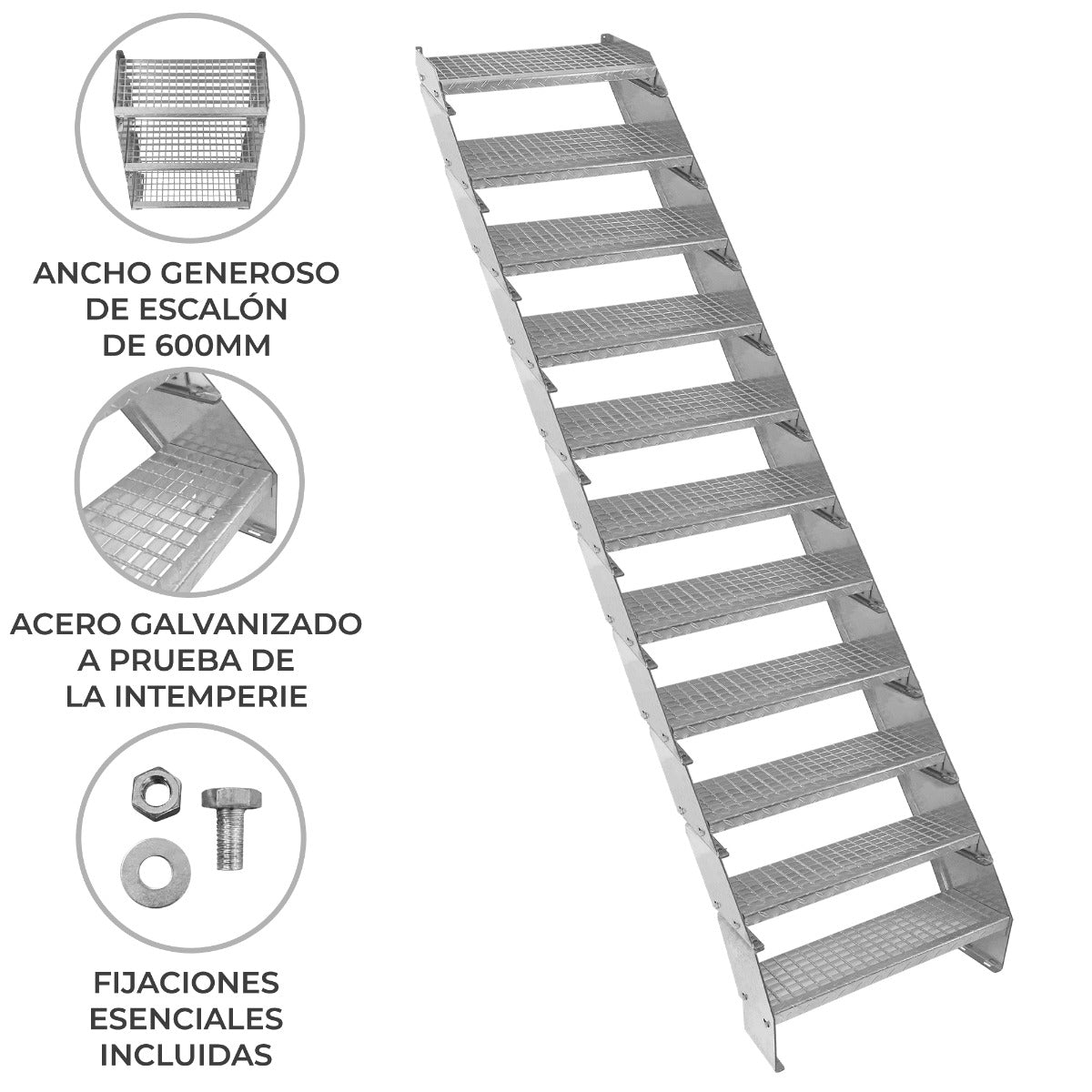 Escalera Galvanizada Ajustable de 11 Escalones– 600mm de Ancho