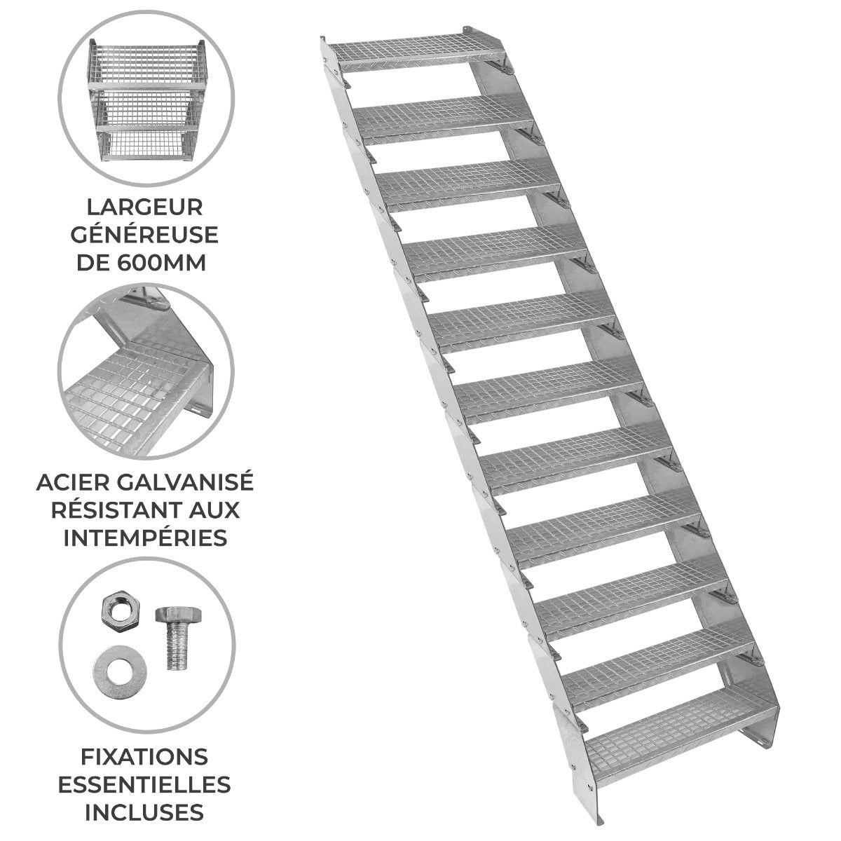 Escalera Galvanizada Ajustable de 11 Escalones– 600mm de Ancho