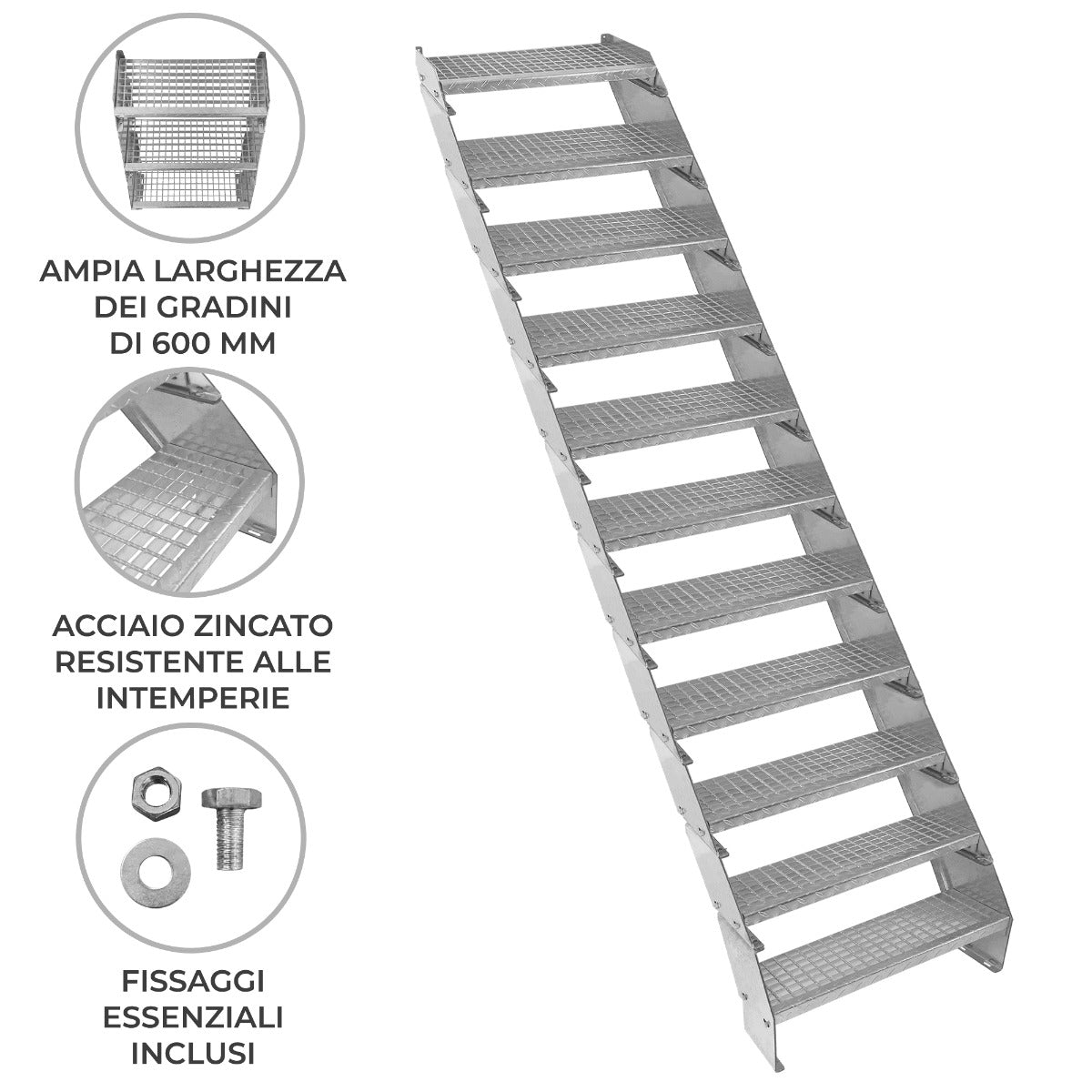 Escalera Galvanizada Ajustable de 11 Escalones– 600mm de Ancho