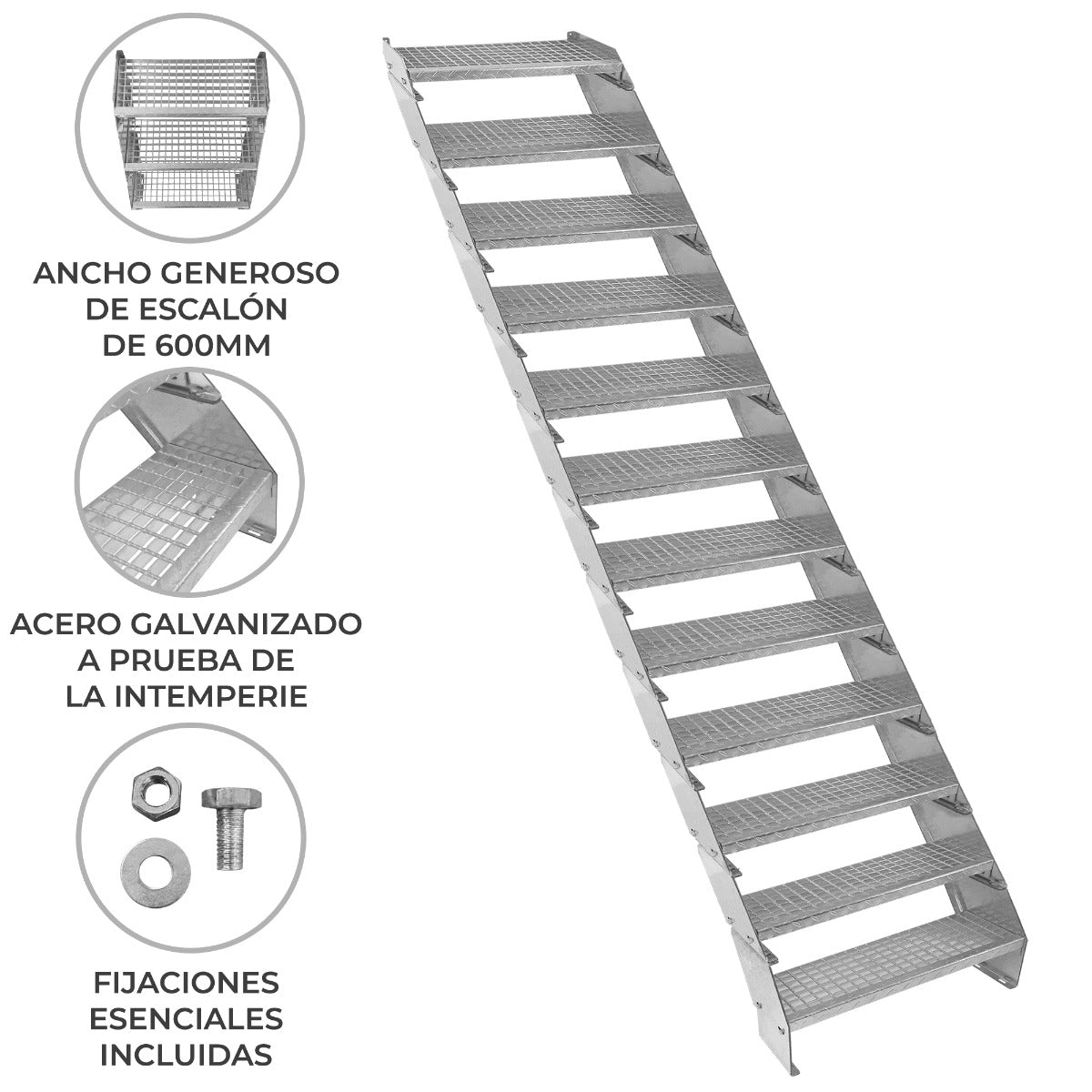 Escalera Galvanizada Ajustable de 12 Escalones– 600mm de Ancho