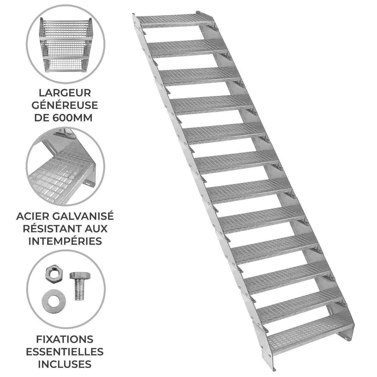 Escalera Galvanizada Ajustable de 12 Escalones– 600mm de Ancho