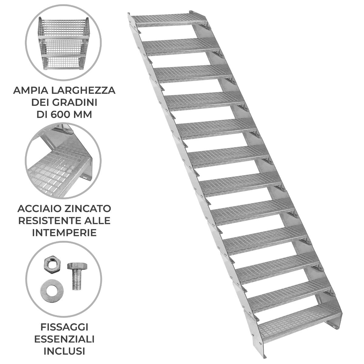 Escalera Galvanizada Ajustable de 12 Escalones– 600mm de Ancho