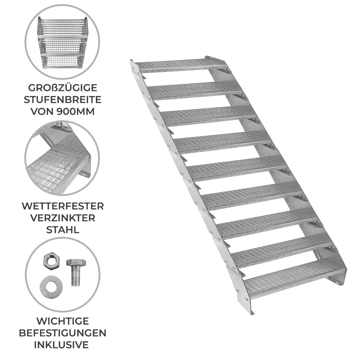 Escalera Galvanizada Ajustable de 9 Escalones – 900mm de Ancho