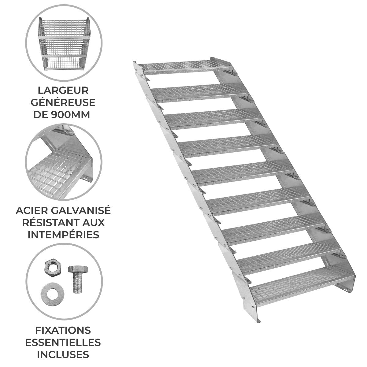 Escalera Galvanizada Ajustable de 9 Escalones – 900mm de Ancho