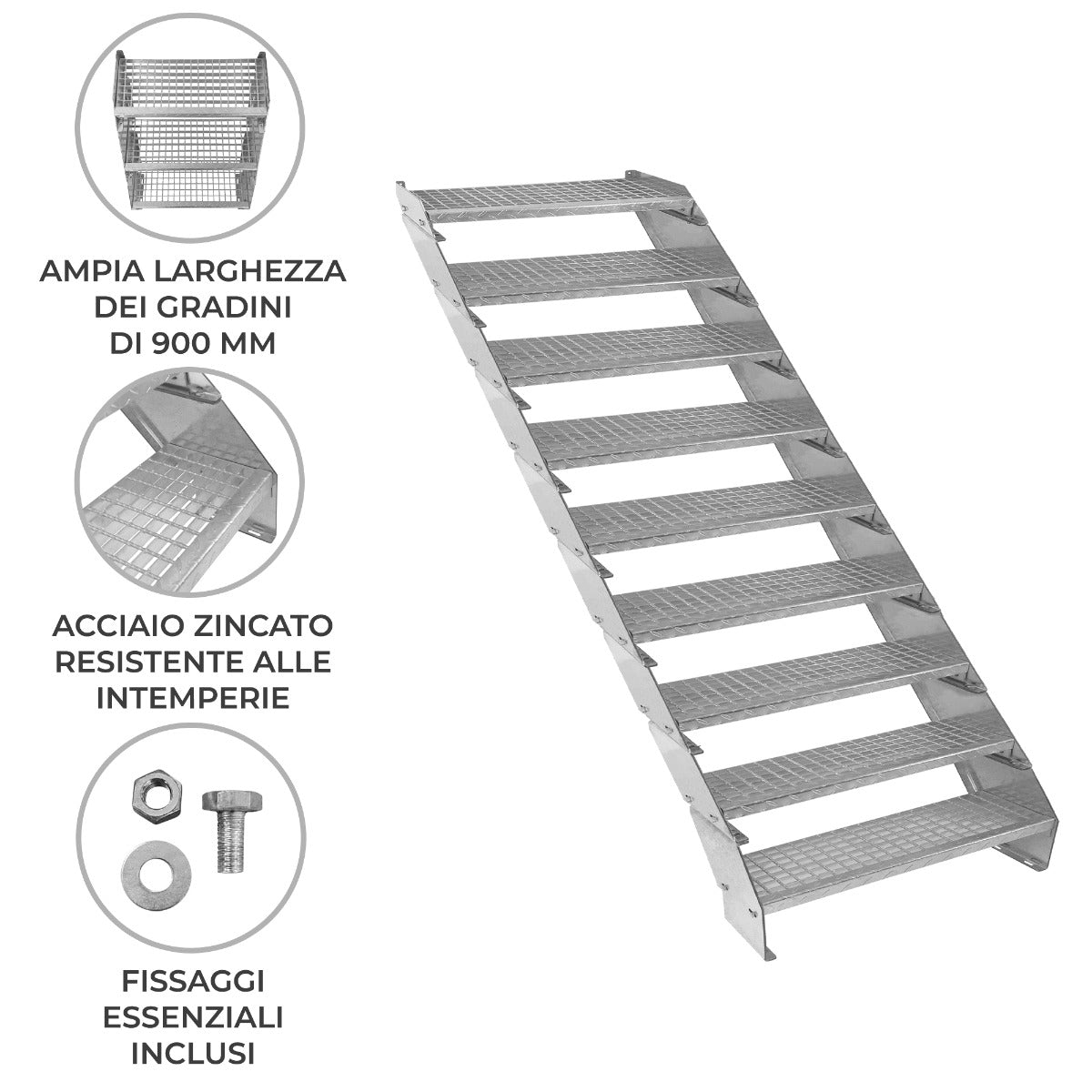 Escalera Galvanizada Ajustable de 9 Escalones – 900mm de Ancho