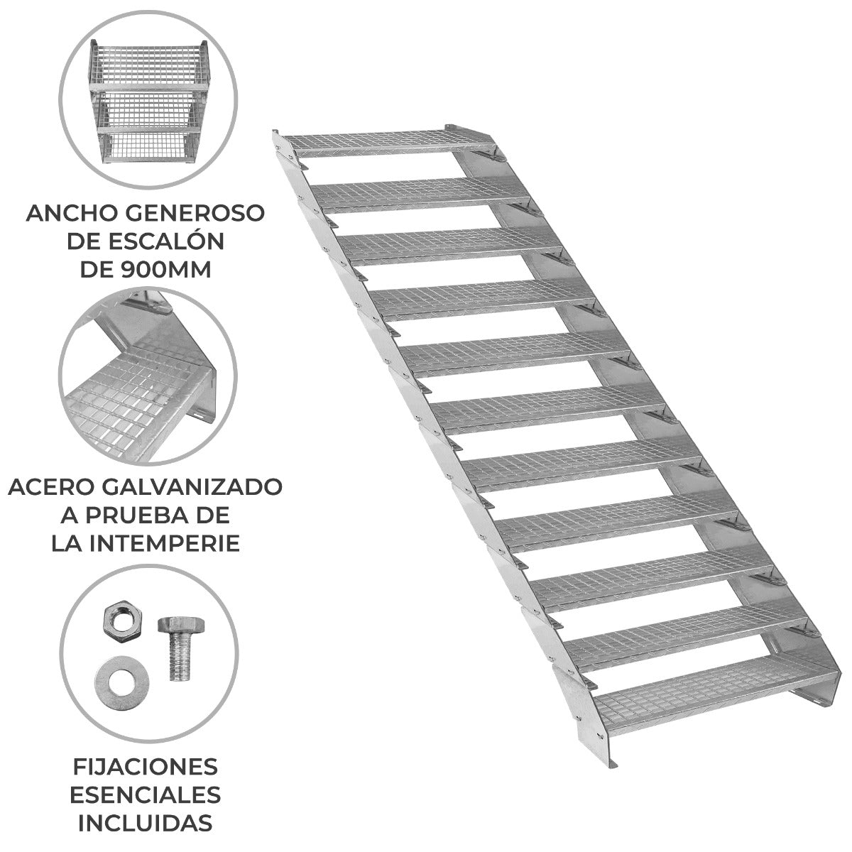 Escalera Galvanizada Ajustable de 11 Escalones– 900mm de Ancho