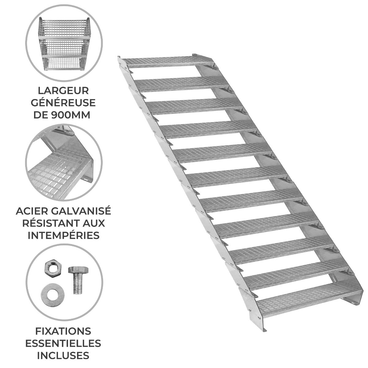 Escalera Galvanizada Ajustable de 11 Escalones– 900mm de Ancho