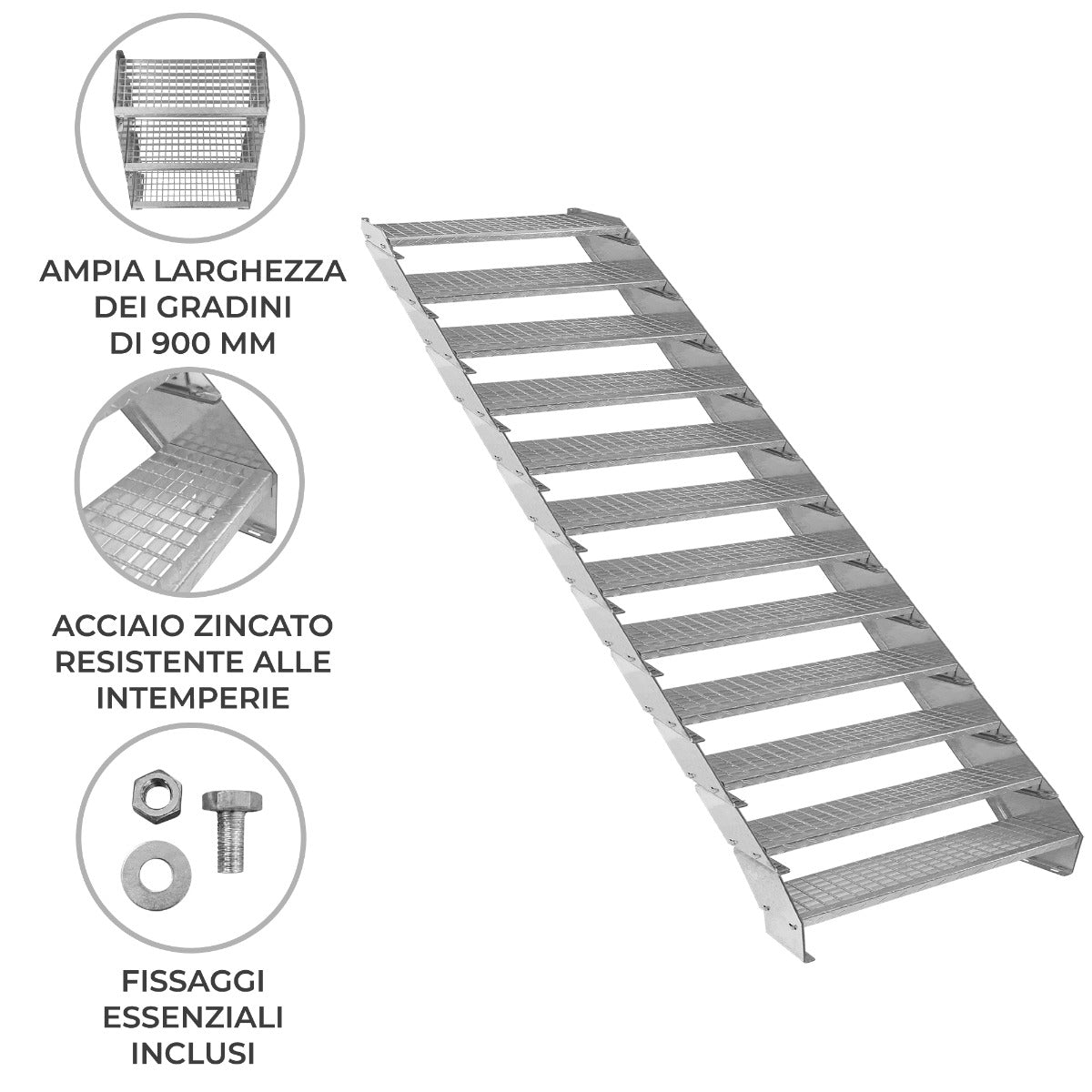 Escalera Galvanizada Ajustable de 12 Escalones– 900mm de Ancho