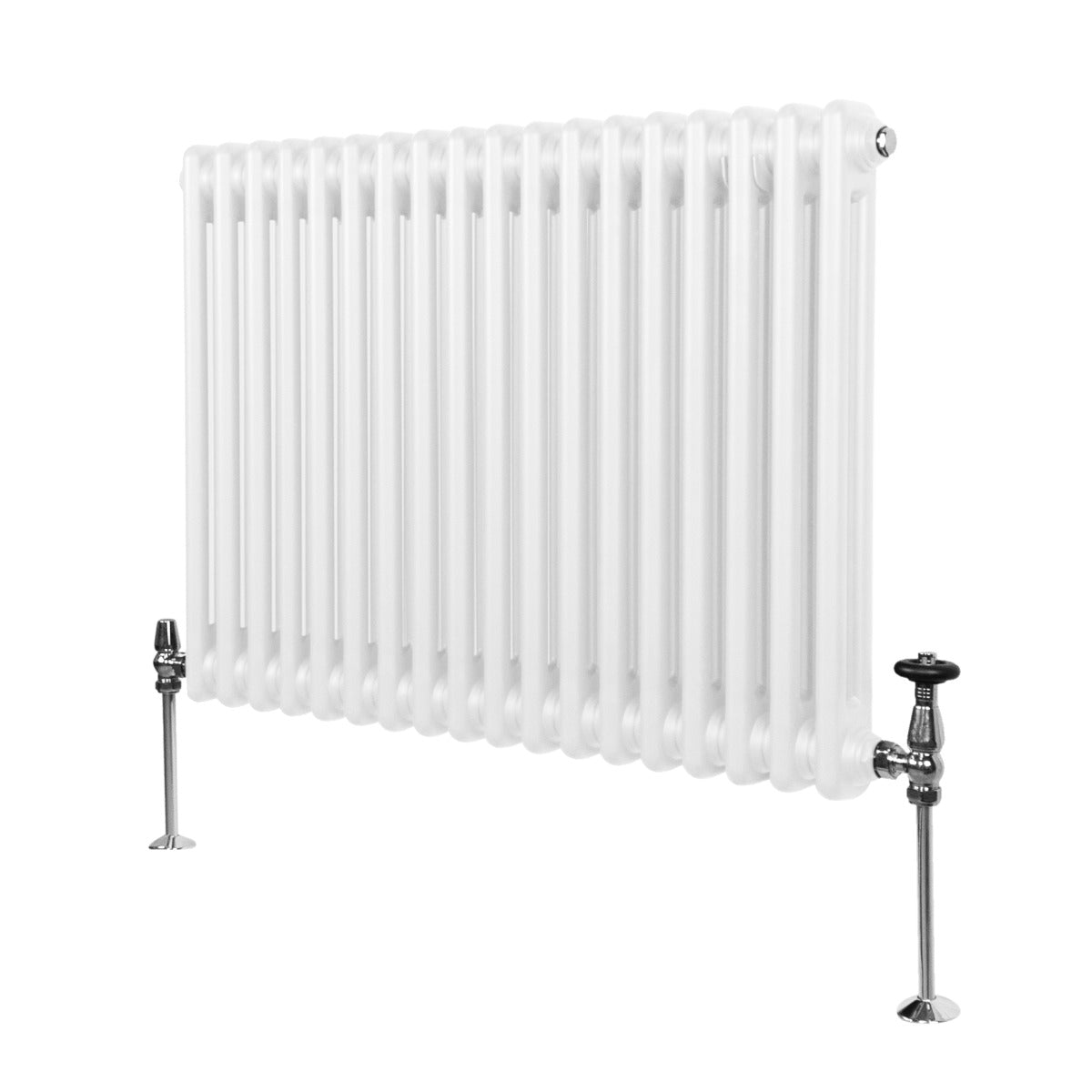 Radiador horizontal de 2 columnas, color blanco, con acabado brillante y patas metálicas, ideal para calefacción en espacios modernos