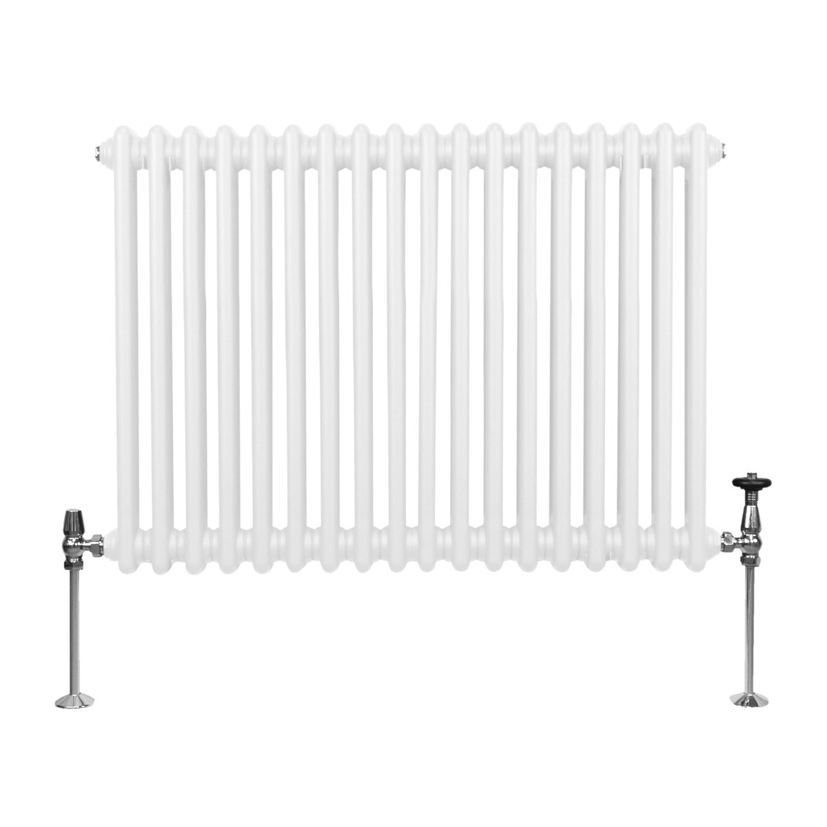 Radiador horizontal tradicional de 2 columnas, color blanco, con acabado liso y detalles metálicos en las conexiones y patas