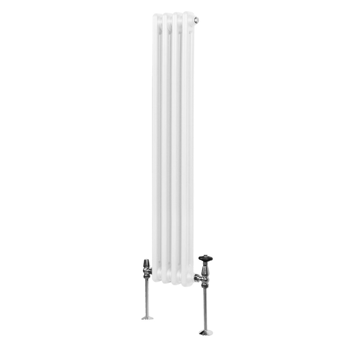 Radiador vertical tradicional de 2 columnas, color blanco, con acabado liso y detalles metálicos en las conexiones, ideal para calefacción