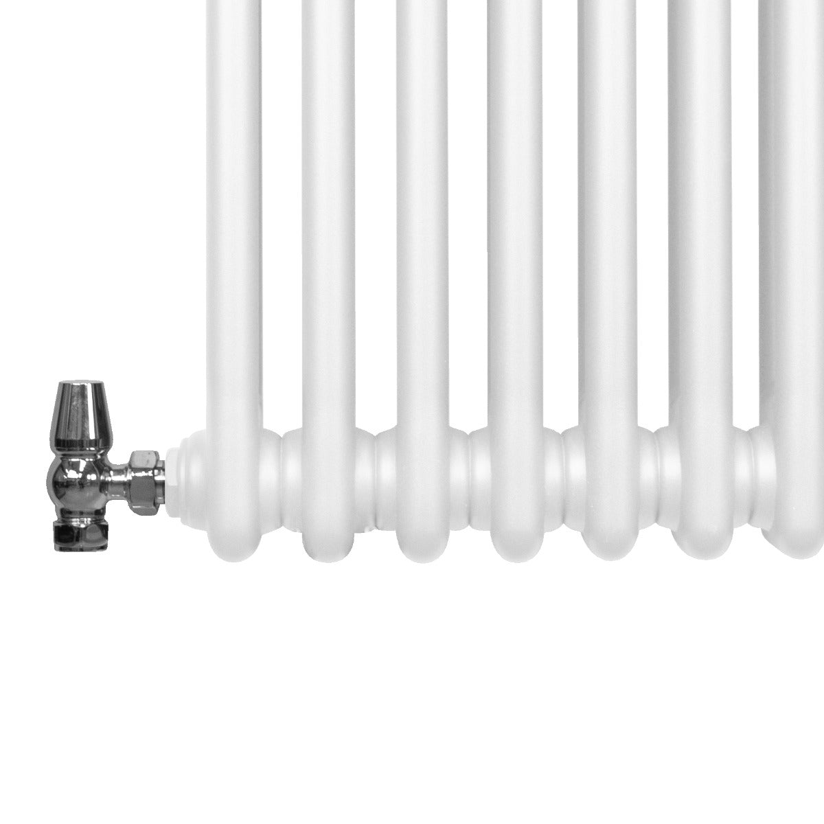 Radiador vertical tradicional de 2 columnas en color blanco, con acabado liso y detalles metálicos en la válvula de conexión