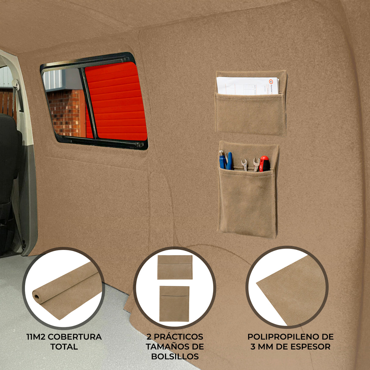Alfombra de Forro para furgoneta y Bolsillos de almacenamiento Beige