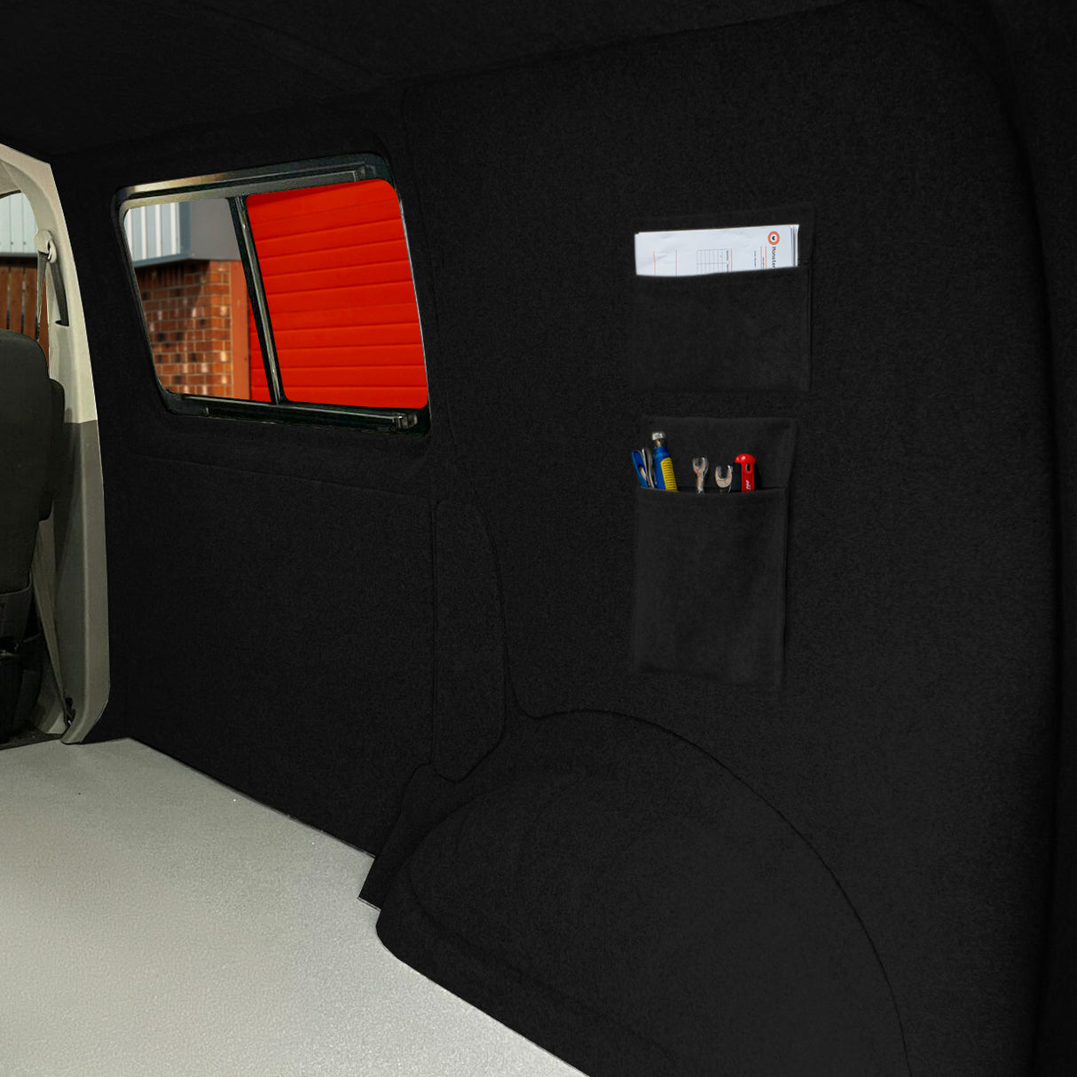 Alfombra de Forro para furgoneta, Bolsillos de almacenamiento y Pegamento Negro