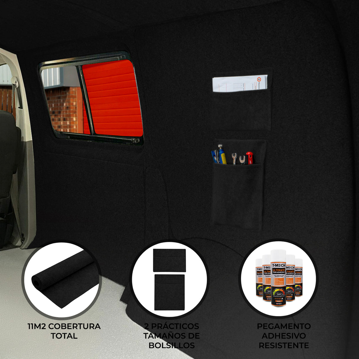 Alfombra de Forro para furgoneta, Bolsillos de almacenamiento y Pegamento Negro