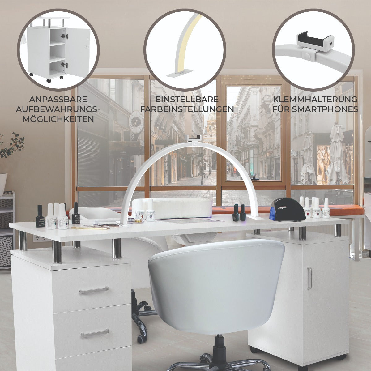 Mesa de manicura profesional y lámpara LED de media luna