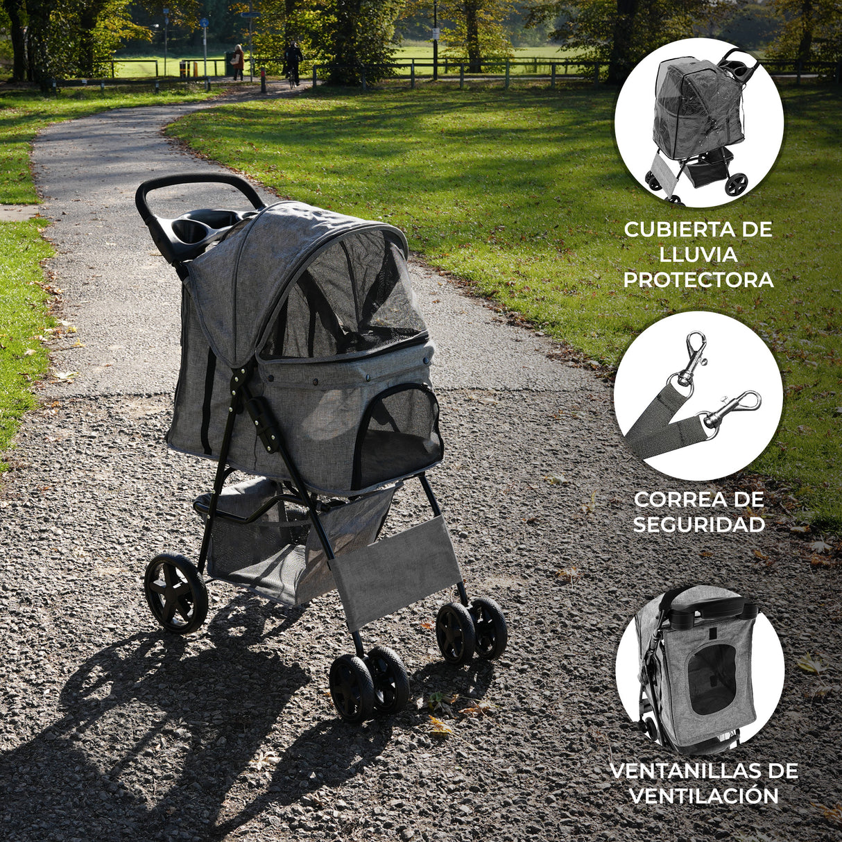 Cochecito para Mascotas con Cubierta de lluvia - Tejido Gris