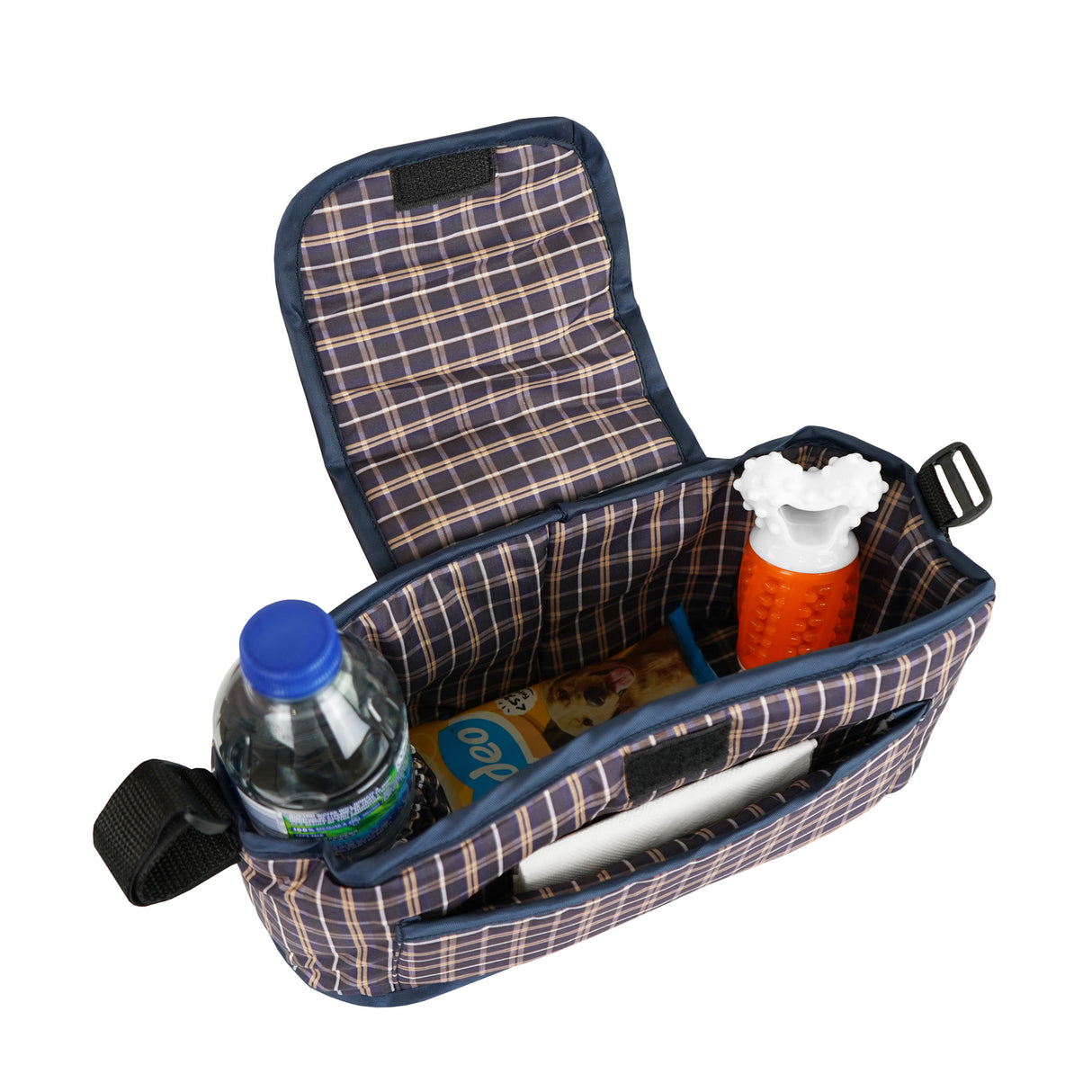Bolsa caddy organizador para cochecito de mascotas - Tartán Azul
