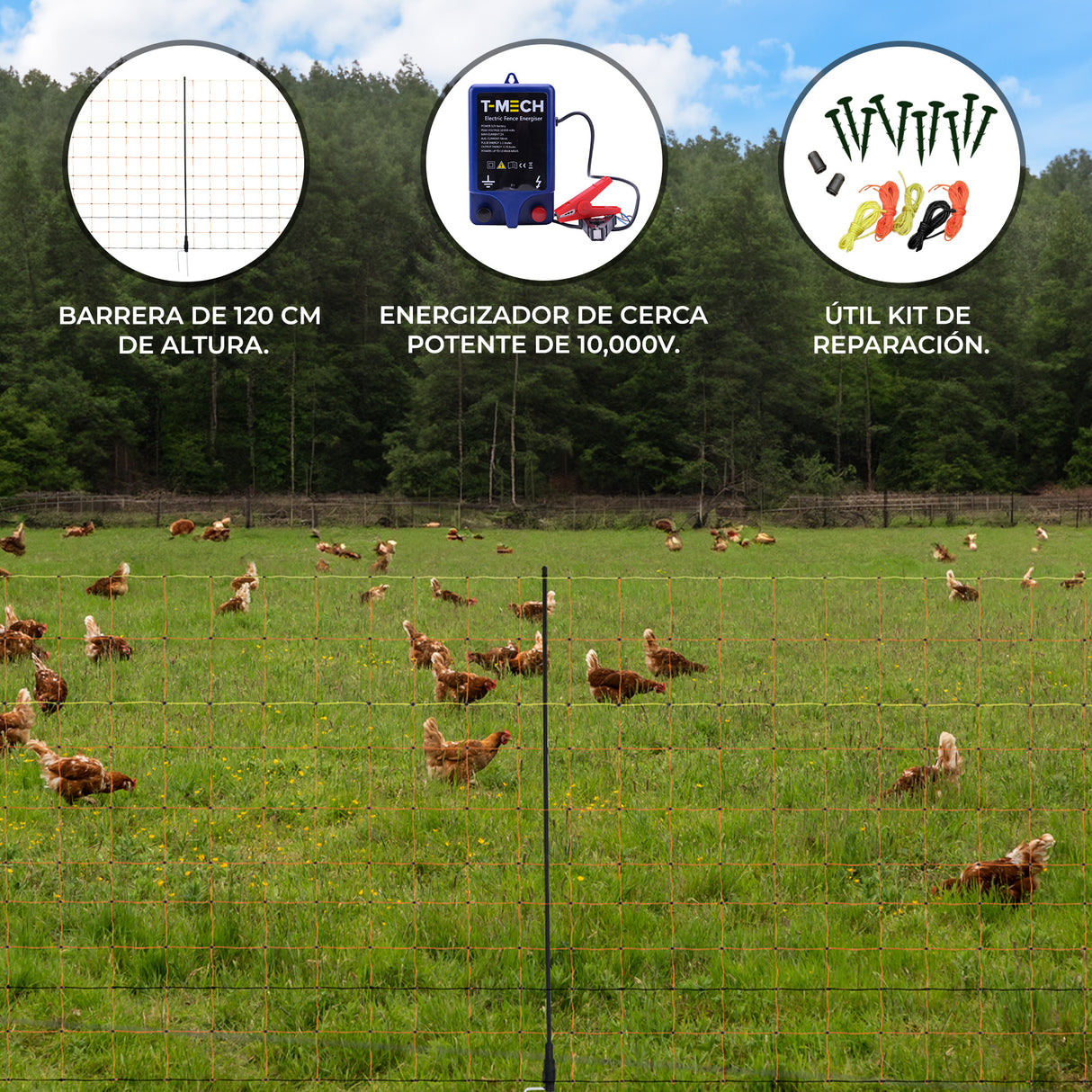 Malla Conductora Eléctrica para Aves de Corral y Electrificador