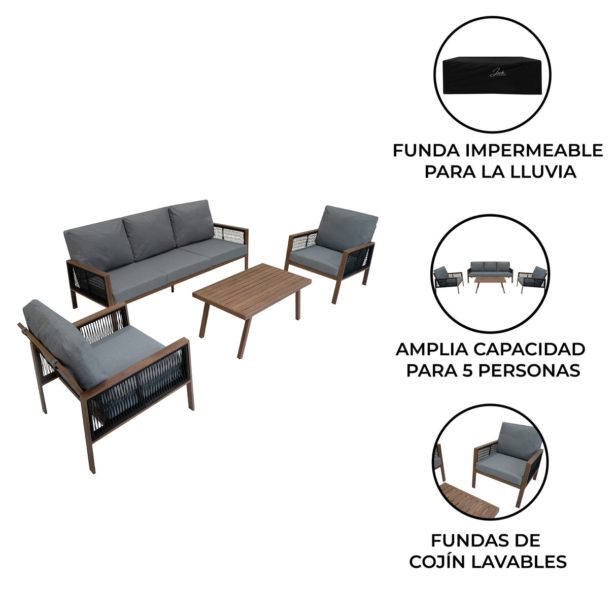 Conjunto para Exteriores de aluminio 5 plazas (4 piezas) - Efecto madera