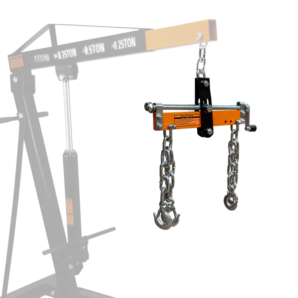 Nivelador de carga del motor con cadenas metálicas brillantes y un acabado naranja y negro, diseñado para facilitar el levantamiento de motores