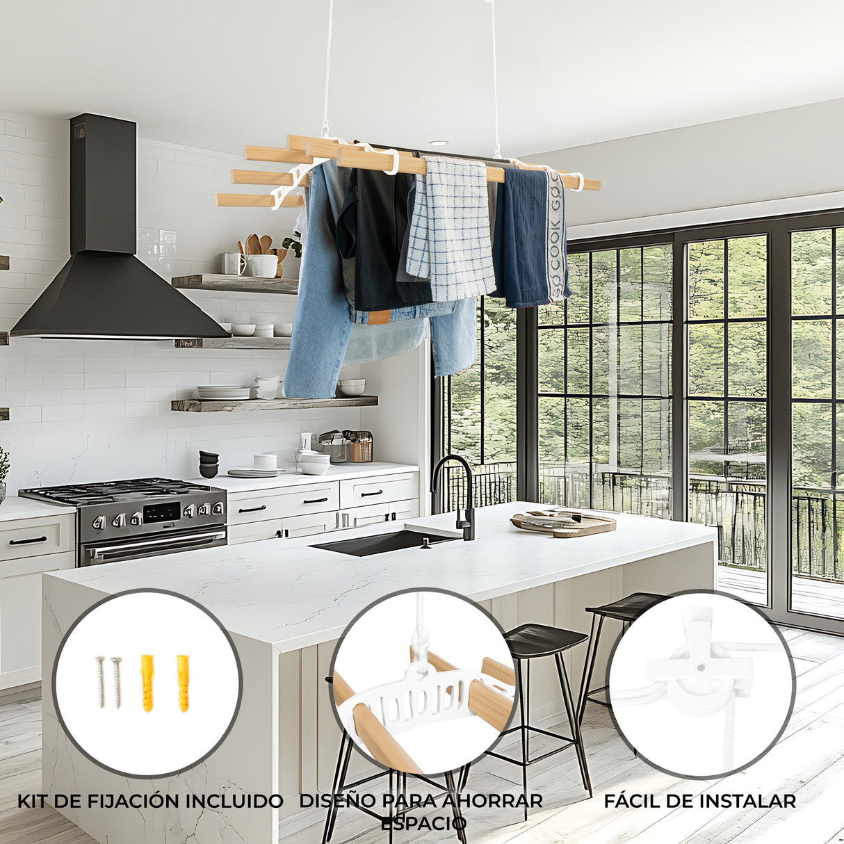 Tendedero de Techo con Sistema de Polea y 6 Listones de 0,9 m en Blanco