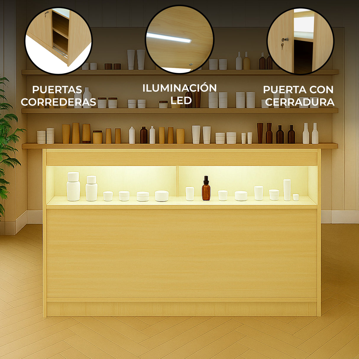 Mostrador Comercial con Luz LED B1500 – Arce