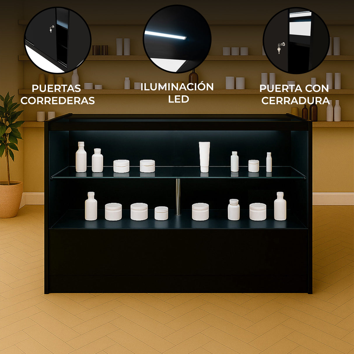 Mostrador Comercial con Luz LED C1500 – Negro