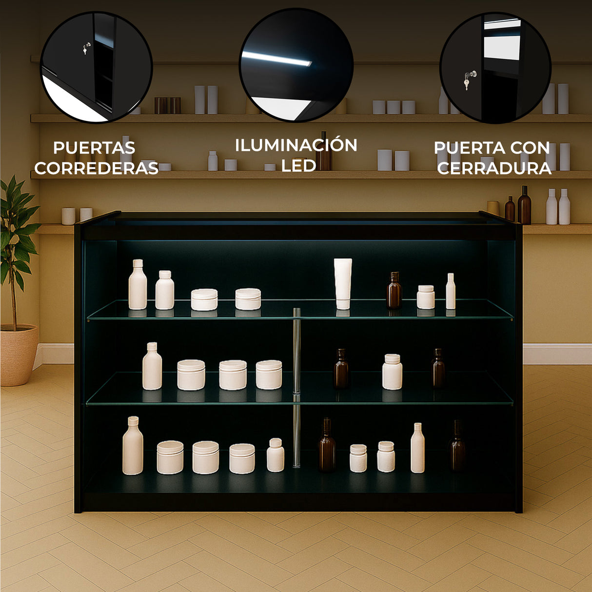 Mostrador Comercial con Luz LED K1500 – Negro
