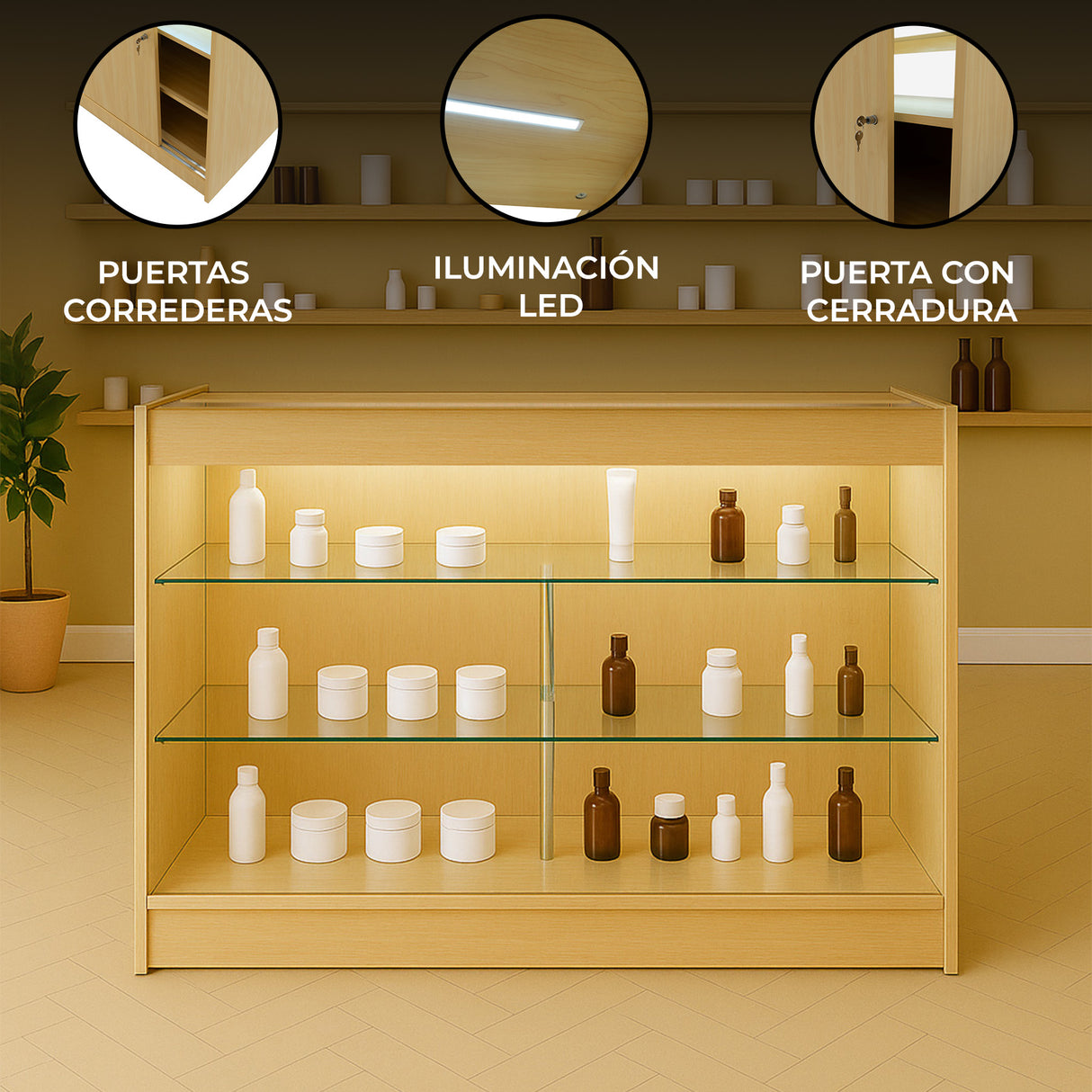 Mostrador Comercial con Luz LED K1500 – Arce