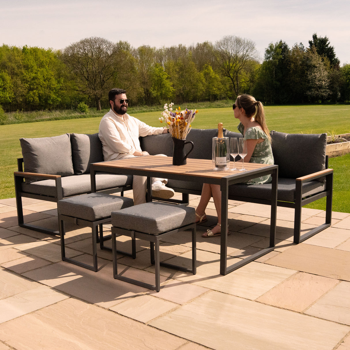 Sofa Esquinero para Exteriores de aluminio 7 plazas - Efecto madera