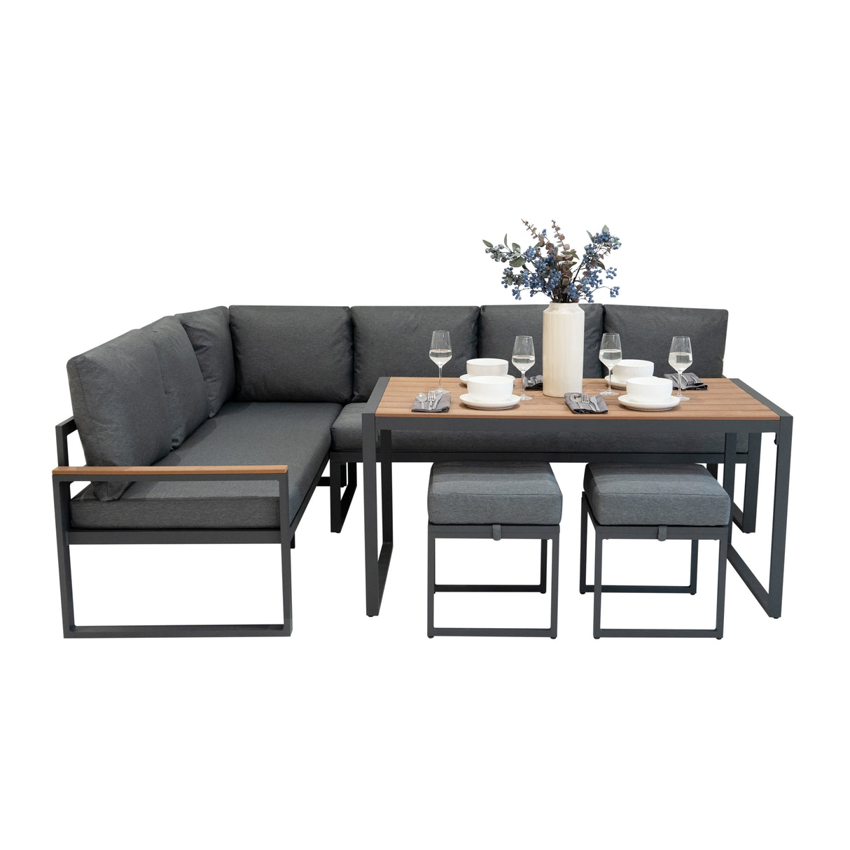 Sofa Esquinero para Exteriores de aluminio 7 plazas - Efecto madera