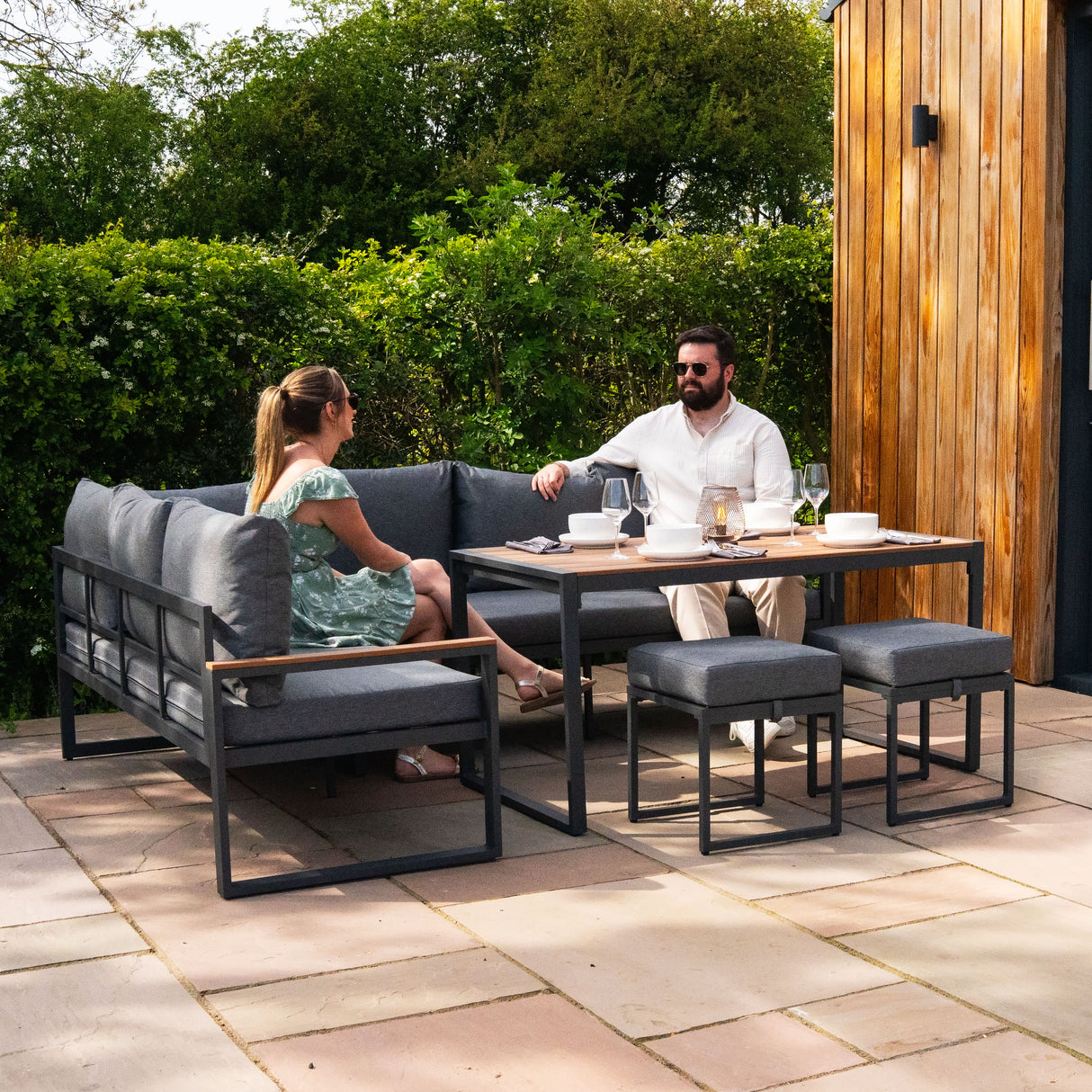 Sofa Esquinero para Exteriores de aluminio 7 plazas - Efecto madera