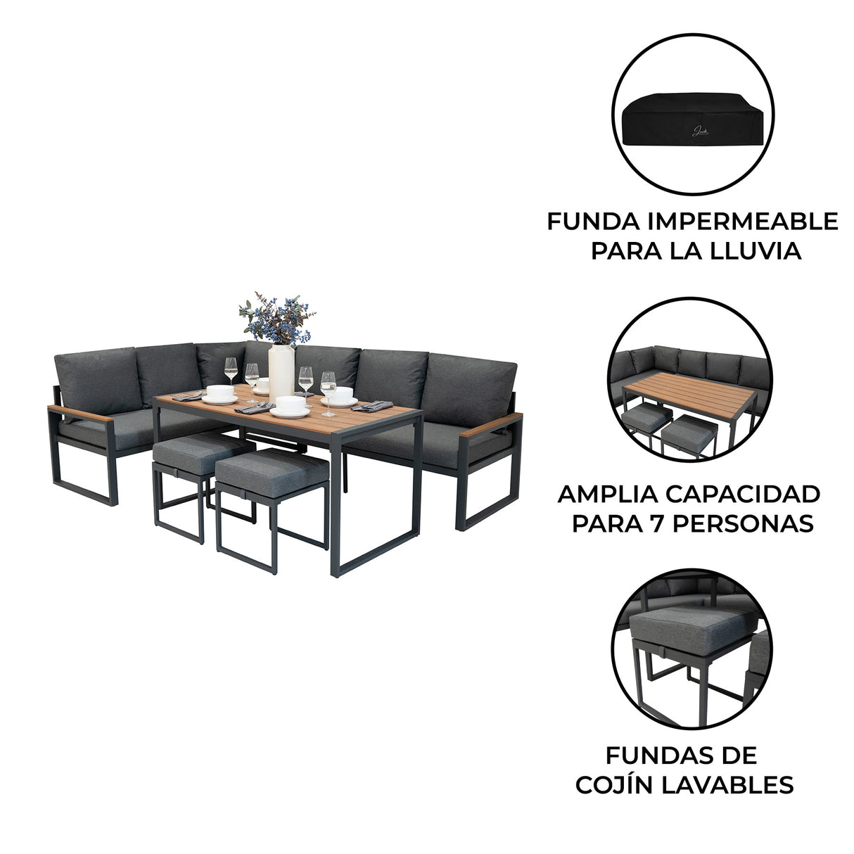 Sofa Esquinero para Exteriores de aluminio 7 plazas - Efecto madera