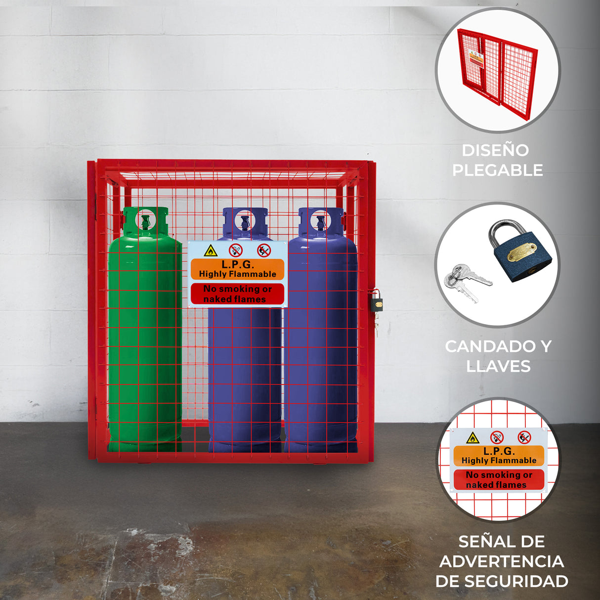 Jaula Plegable para Botellas de Gas - 90cm x 80cm x 43cm - Roja