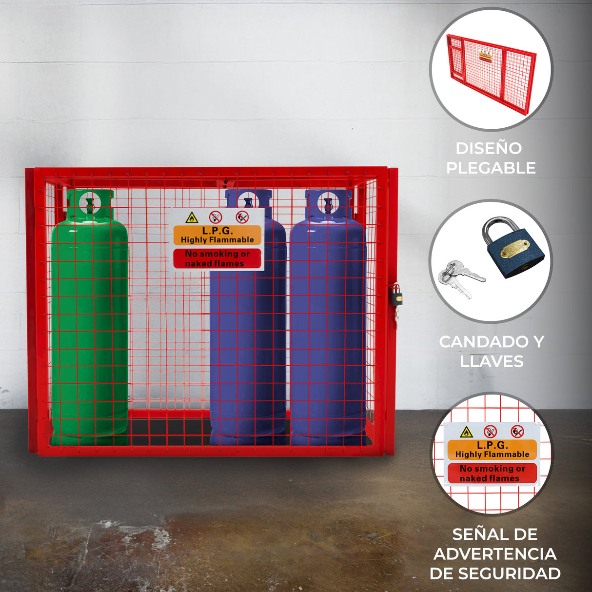Jaula Plegable para Botellas de Gas - 92cm x 110cm x 50cm - Roja