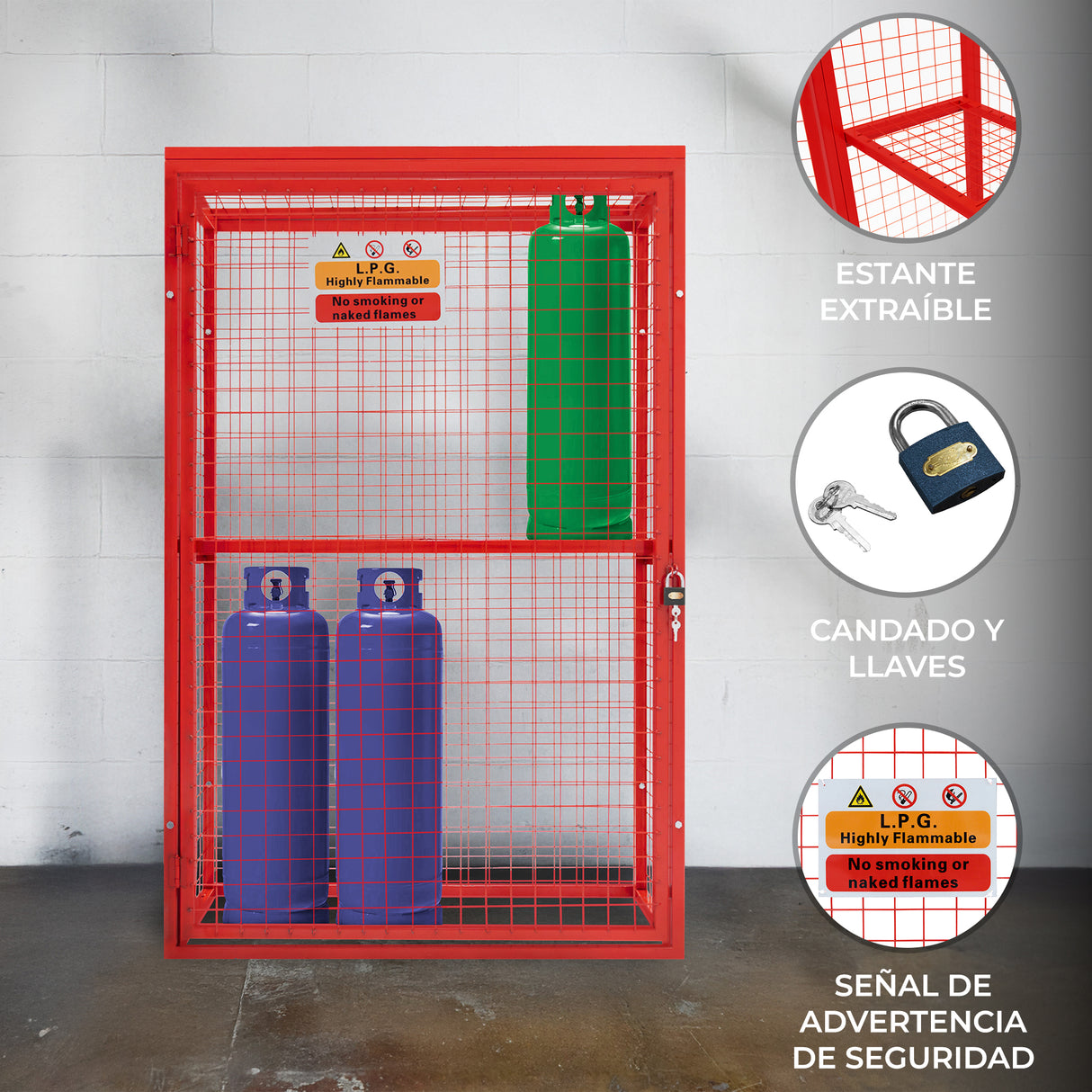 Jaula Plegable para Botellas de Gas - 181cm x 116cm x 57cm - Roja