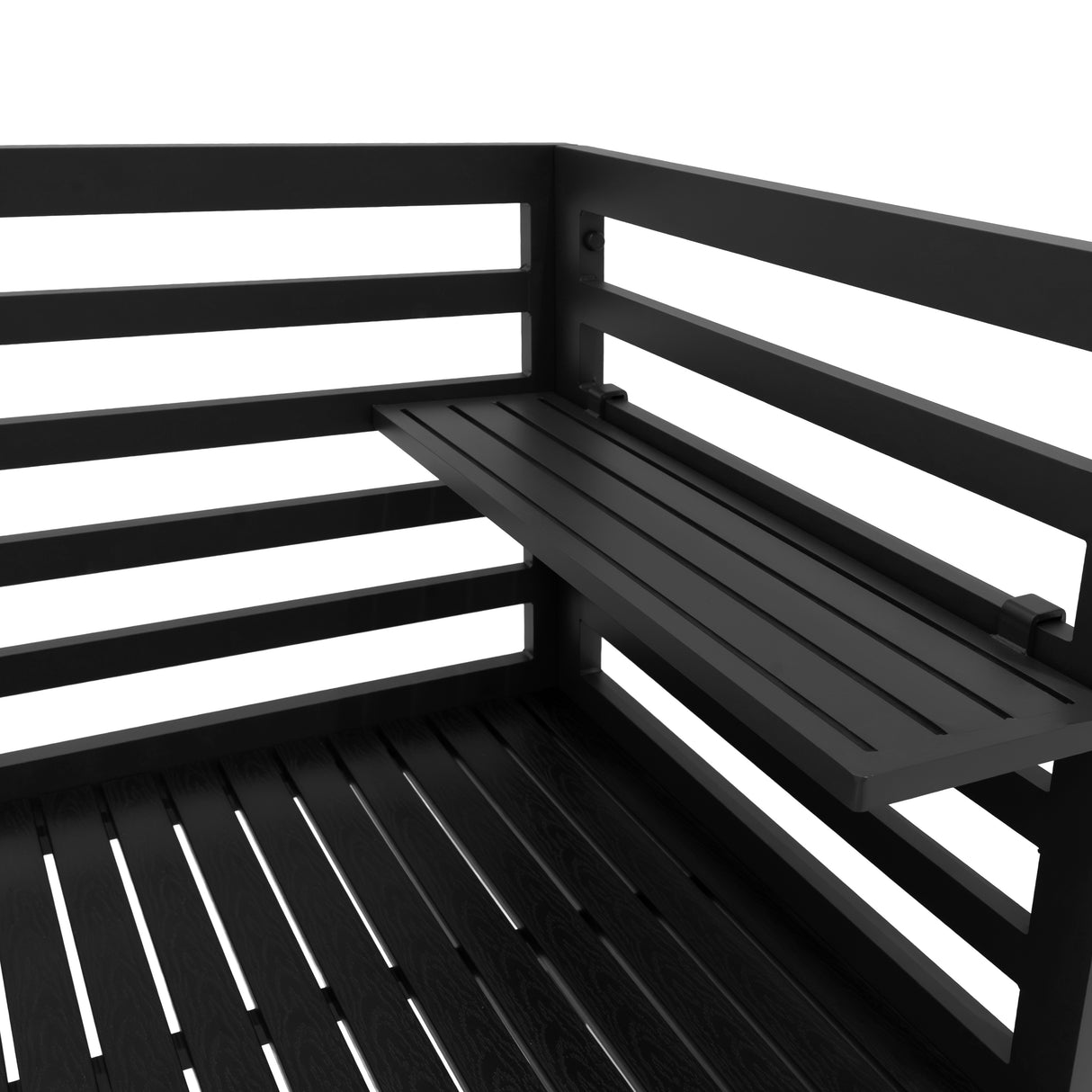 Cocina exterior modular de aluminio en color negro, con diseño elegante y superficie de madera, ideal para espacios al aire libre